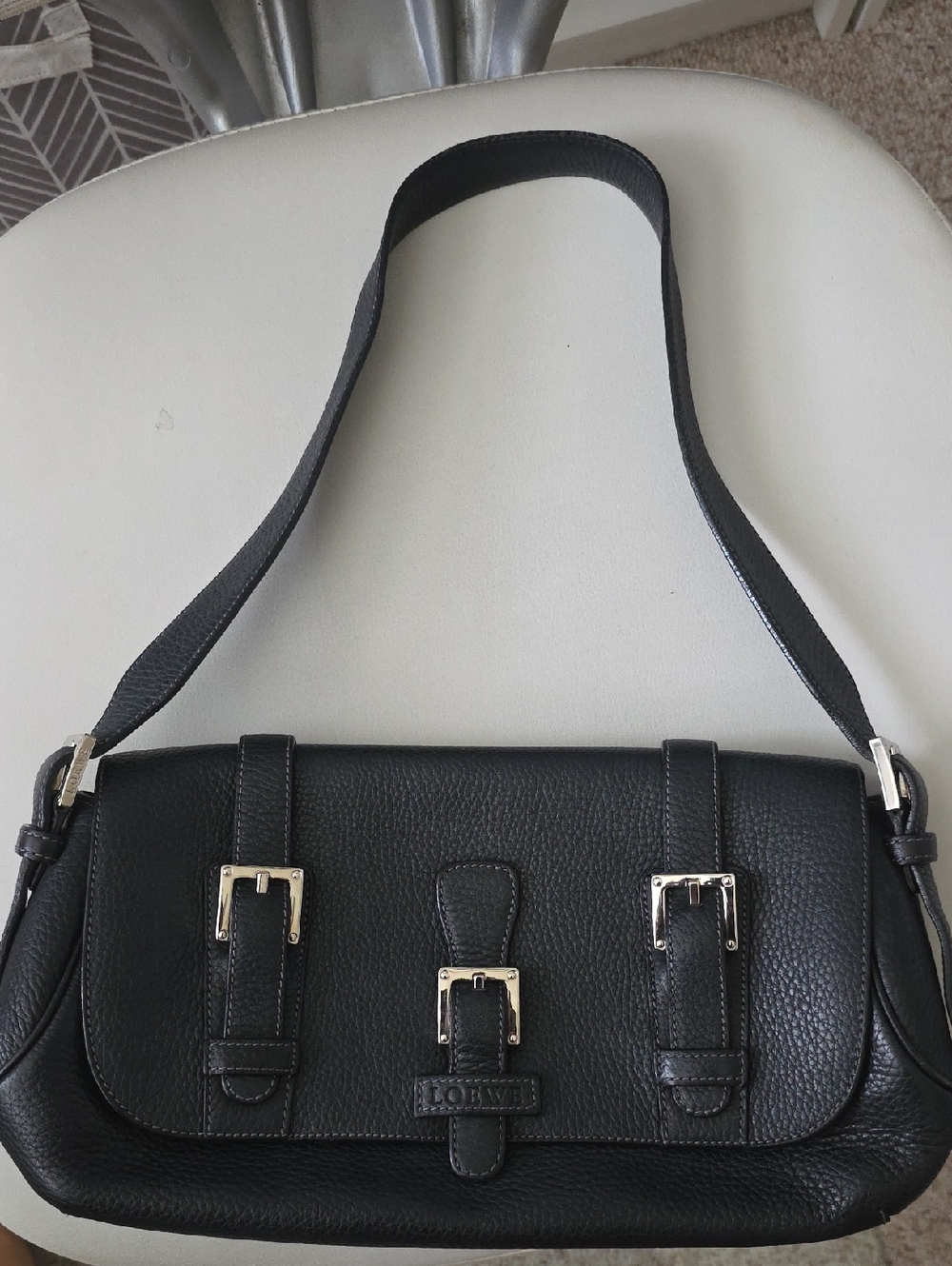 Vintage Loewe Senda Hobo Black Pebbled Leather Shoulder Bag with Silver Buckles